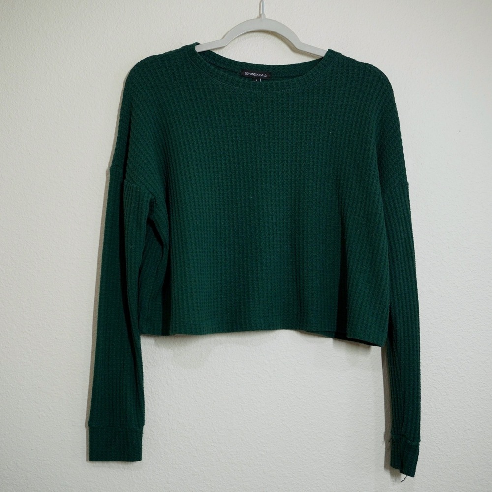 Beyond Yoga Women's Size Small Waffle Knit Top Green Cropped Thermal Pullover